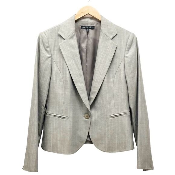 Lafayette 148 Single Button Suit Blazer Gray With Blue Pinstripe Women’s Size 10 - Picture 1 of 9